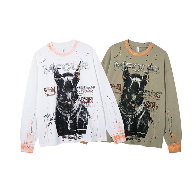 MFOUR Doberman Graphic Long Sleeve Shirt – Streetwear Paint Splatter Tee