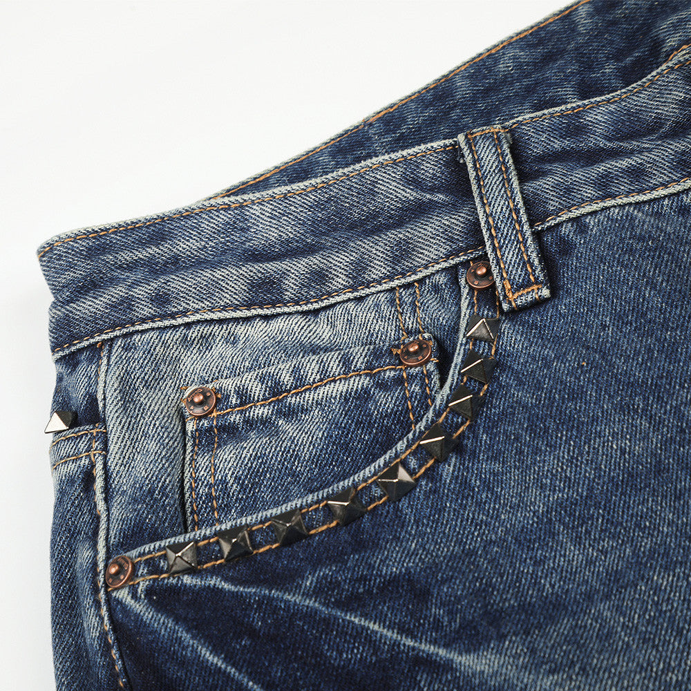 Men's Vintage Wash Wide-Leg Jeans with Metal Pyramid Studs – Retro Blue