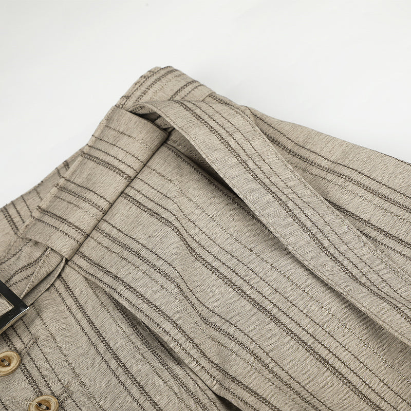 Men's Striped Wide-Leg Trousers with Button Fly and Belt