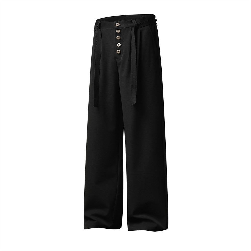 Men's Wide-Leg Dress Pants – Black Button-Fly Pleated Trousers with Belt