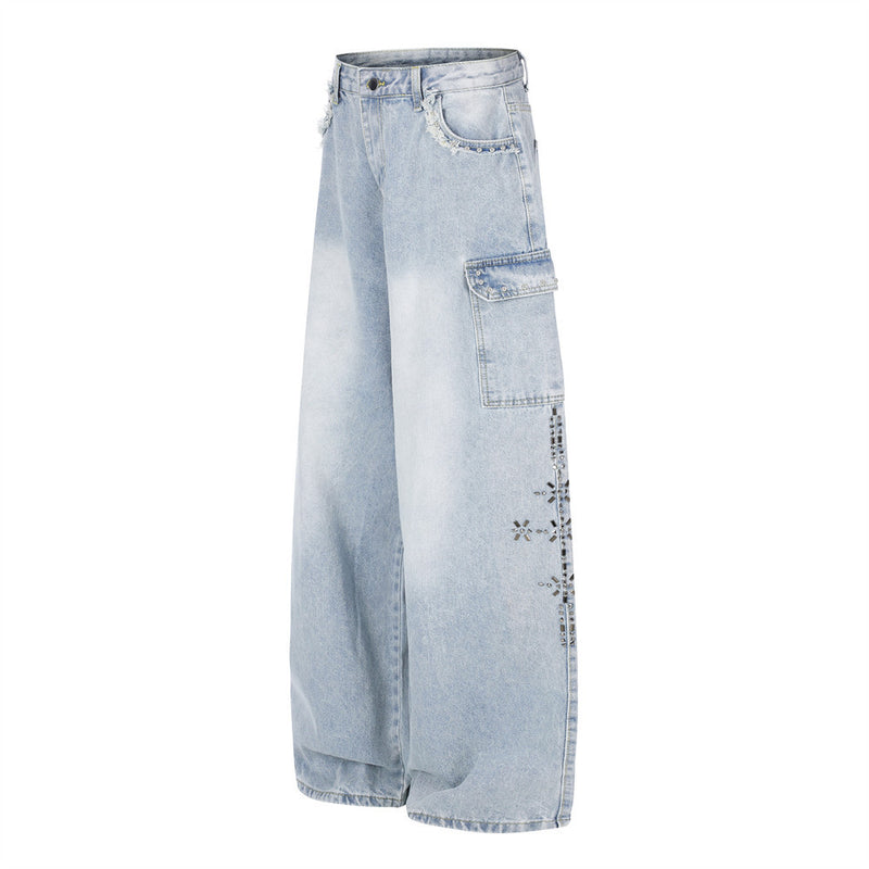 Wide Leg Cargo Jeans with Rhinestone Side Detail & Lace Trim — Light Wash Baggy
