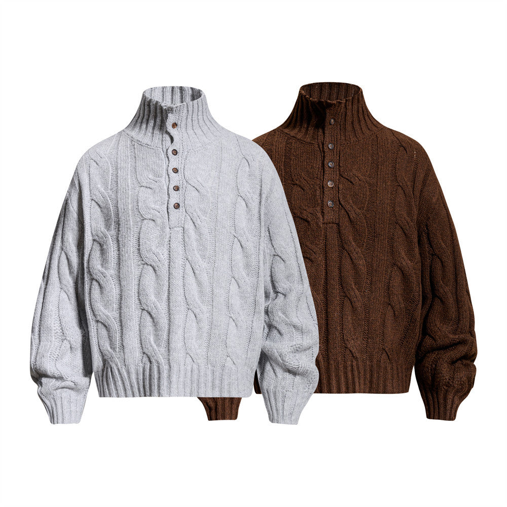 Pull homme en maille torsadée à col montant zippé – Pull oversize à patte boutonnée