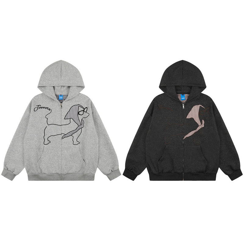 Cartoon Dog Graphic Zip-Up Hoodie – Oversized Fit with Plaid Appliqué