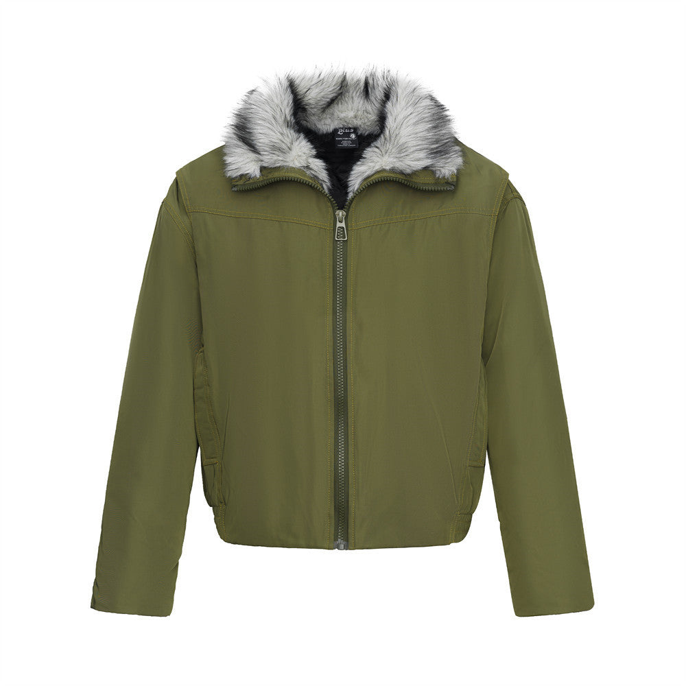 Full Zip Jacket Men Faux Fur Collar Padded Winter Bomber