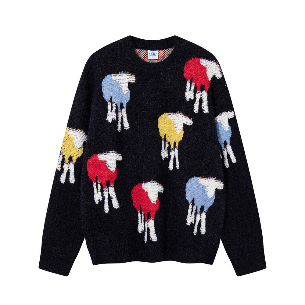Jersey de cuello redondo para hombre con punto jacquard de ovejas coloridas y corte relajado