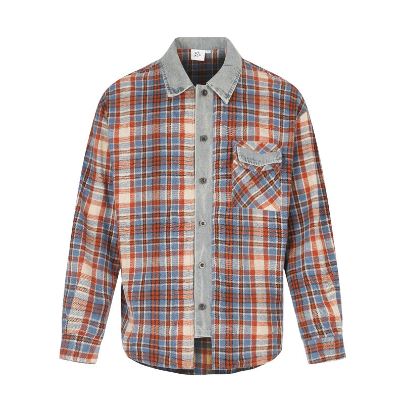 Men's Red Plaid Shirt Oversized Denim-Splice Faux Two-Piece Button-Down