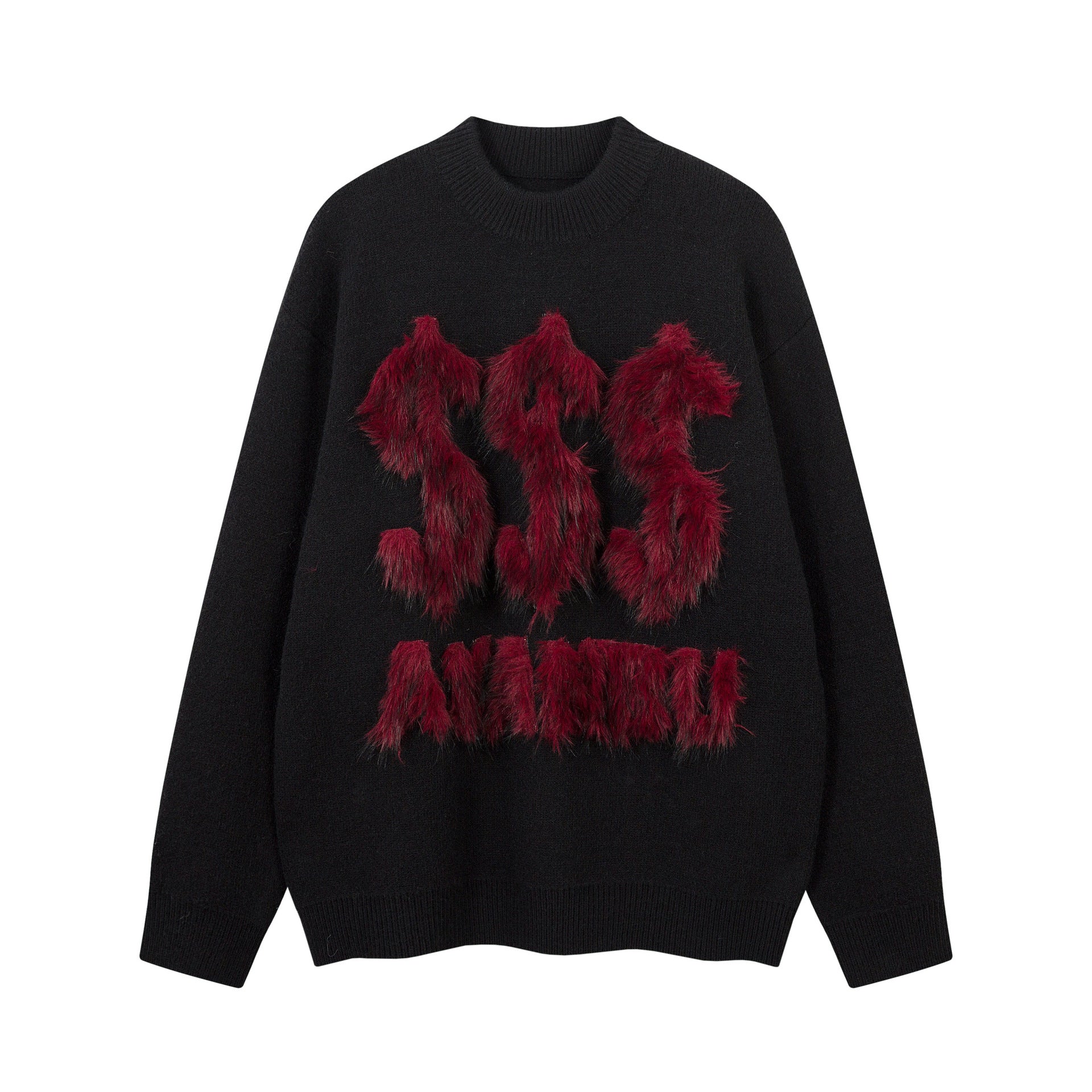 Pull gris à col rond – Maille oversize avec motif en fausse fourrure