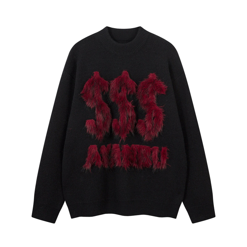 Pull gris à col rond – Maille oversize avec motif en fausse fourrure