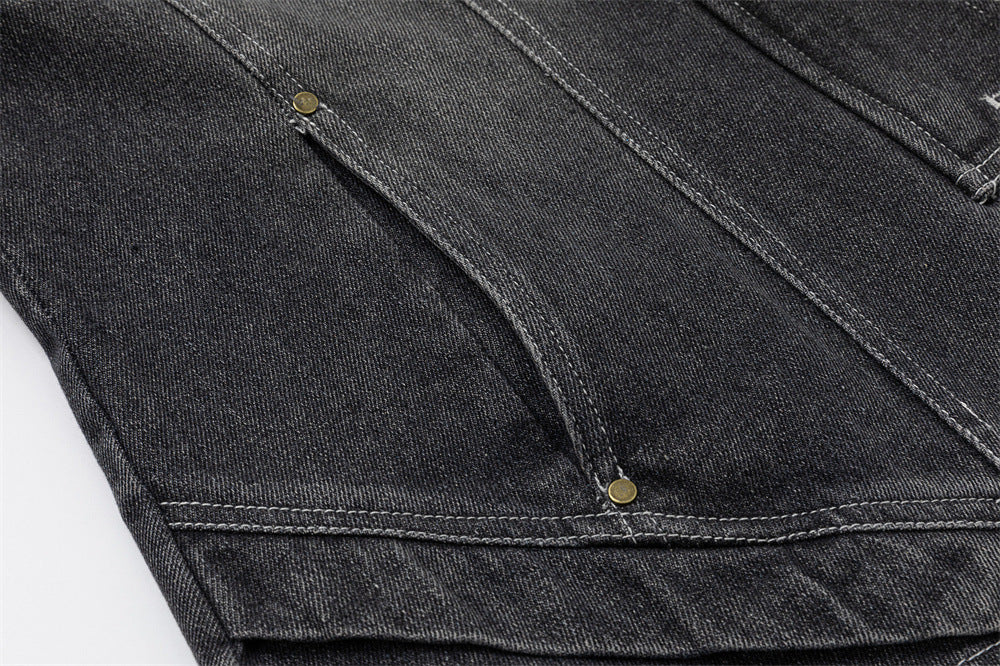 Men's Washed Denim Jacket with Metal Coin Chain Trim & Brass Buttons — Punk