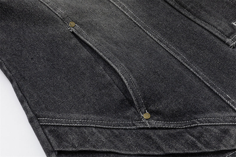 Men's Washed Denim Jacket with Metal Coin Chain Trim & Brass Buttons — Punk