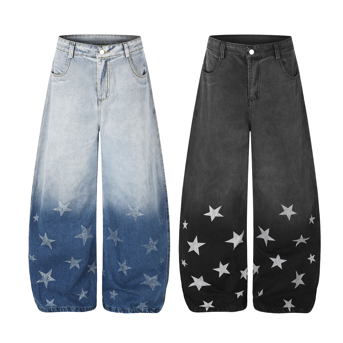 Baggy Wide-Leg-Jeans mit Stern-Print und Farbverlauf-Waschung – High-Waist-Schnitt mit geschwungener Silhouette