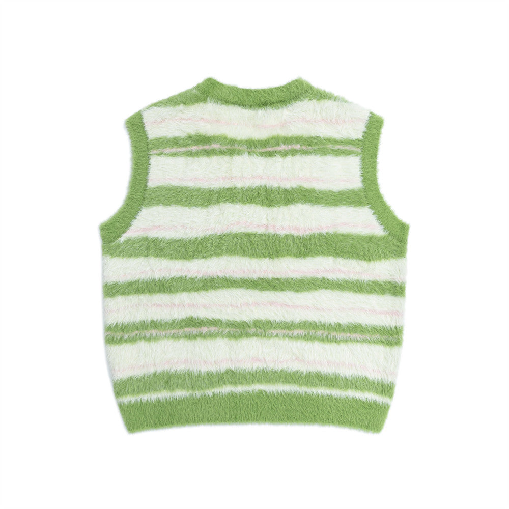 Gilet pull rayé col V – Pull sans manches en maille duveteuse