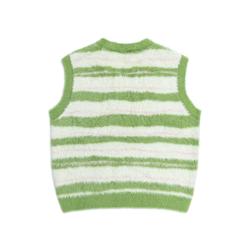 Gilet pull rayé col V – Pull sans manches en maille duveteuse