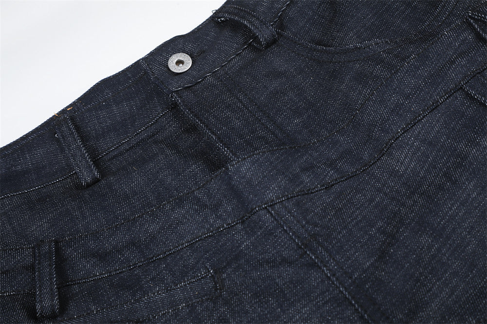 Wide-Leg Jeans with Irregular Spliced Waistband and Double Pleats