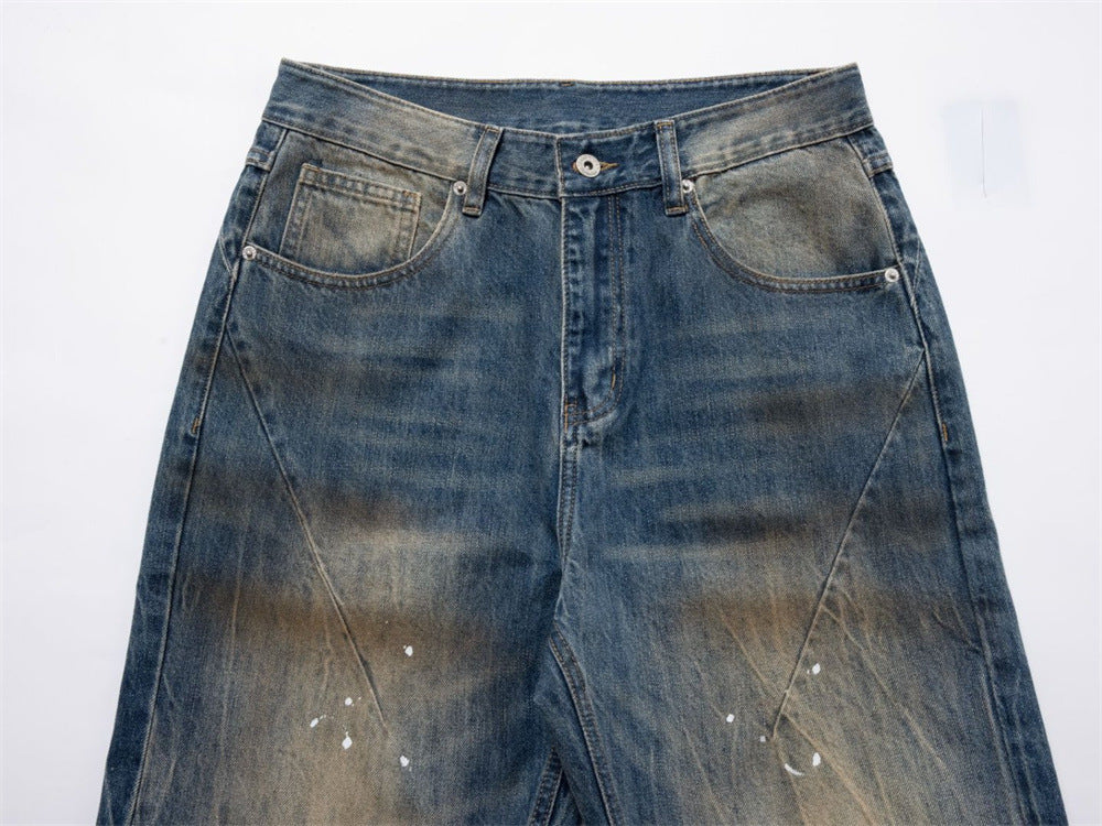 Baggy Jeans with Designs – Men's Vintage Distressed Wide-Leg Denim Pants