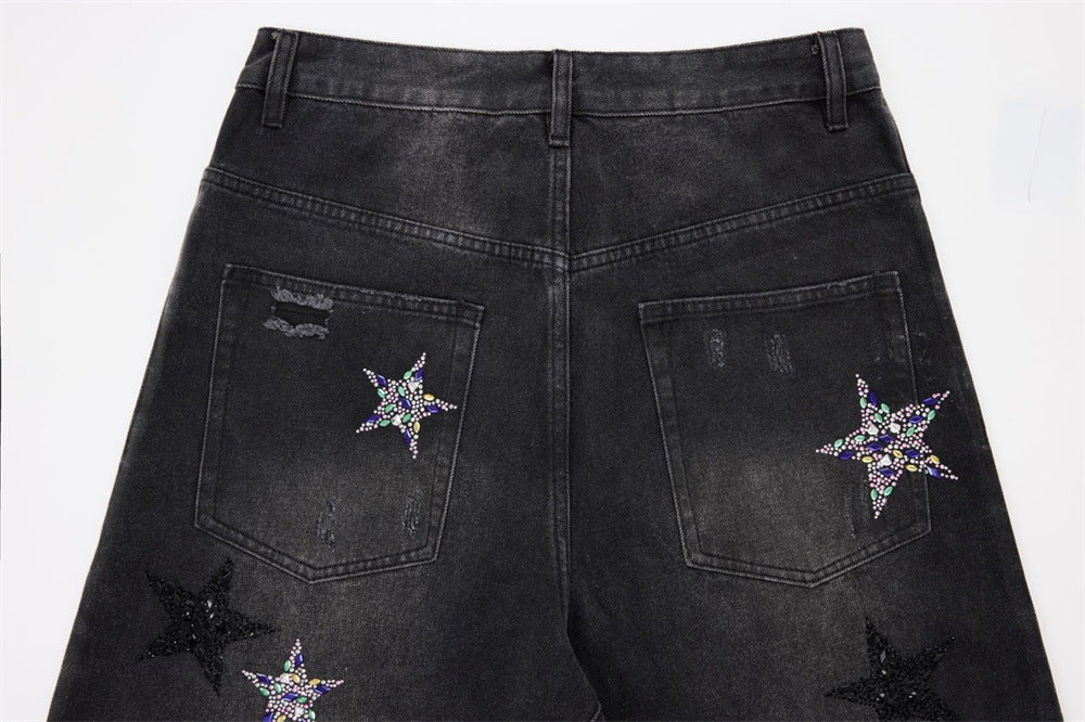 Ripped Baggy Jeans Men – Star Rhinestone & Sequin Wide-Leg Black Distressed
