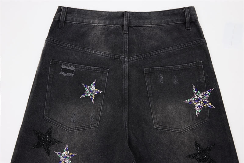 Ripped Baggy Jeans Men – Star Rhinestone & Sequin Wide-Leg Black Distressed