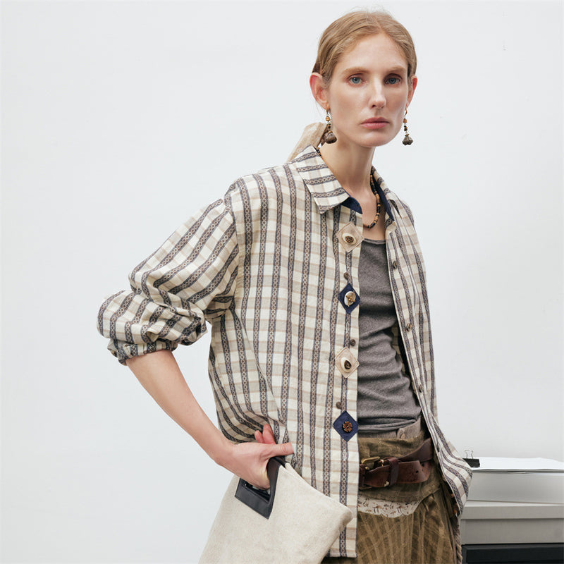 Oversized Plaid Long Sleeve Button-Up Shirt – Relaxed Fit Vintage Check