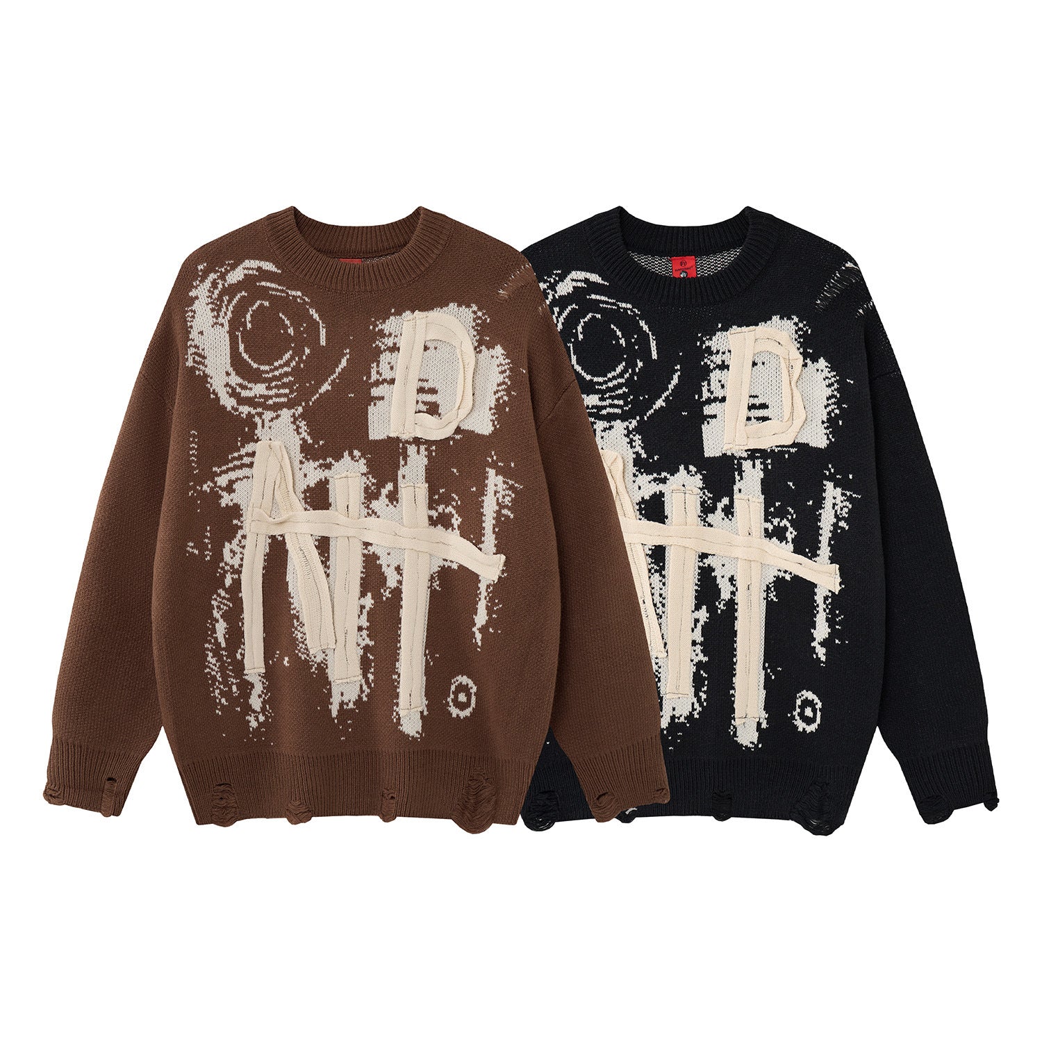 Pull en maille graphique effet usé – Col rond streetwear américain avec appliqué