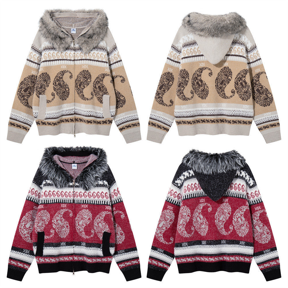 Jacquard-Strick-Cardigan mit Reißverschluss, Kapuze und Kunstfellkragen