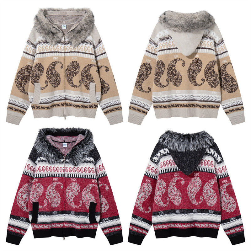 Jacquard-Strick-Cardigan mit Reißverschluss, Kapuze und Kunstfellkragen