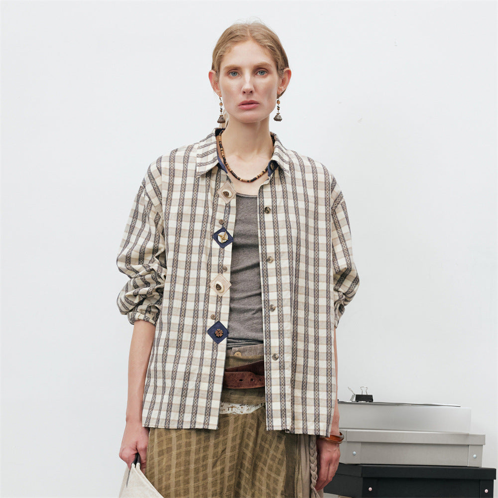 Oversized cream and navy plaid long sleeve button-up shirt with diamond appliqué placket detail, relaxed fit