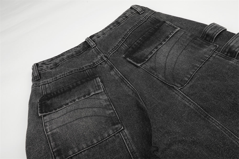 Deconstructed Cargo Denim Shorts – Multi-Pocket Punk Distressed Wide Leg