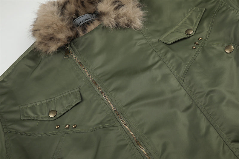 Men's Army Green Bomber Jacket with Leopard Faux Fur Collar & Rivet Detail