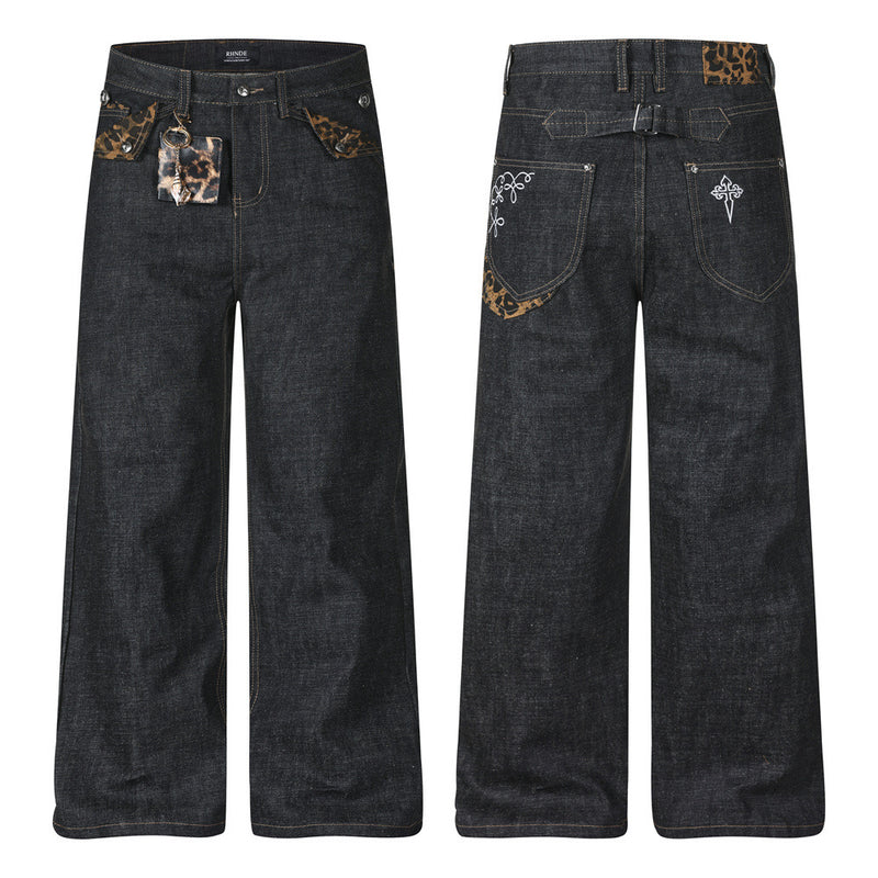 Baggy Black Jeans Men's Wide-Leg Denim with Leopard Print Pockets & Charm Detail