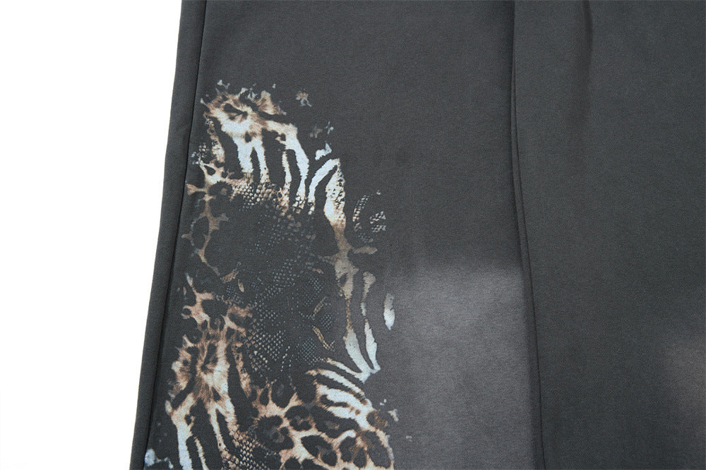 Wide Leg Sweatpants with Plaid Waistband & Animal Print Graphic