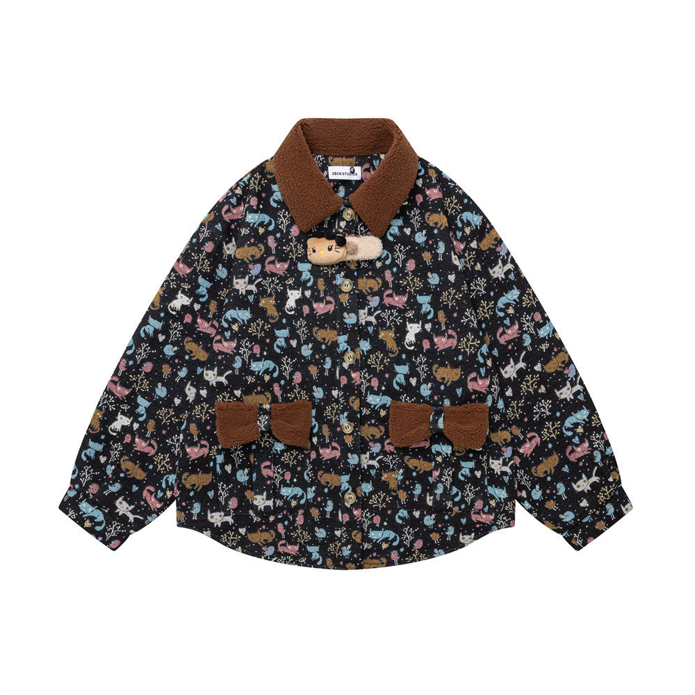 Allover cartoon cat print jacket with brown fleece collar and 3D bear toggle clasp in black colorway, front view