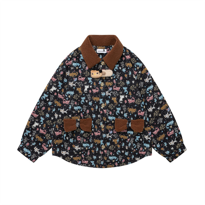 Allover cartoon cat print jacket with brown fleece collar and 3D bear toggle clasp in black colorway, front view