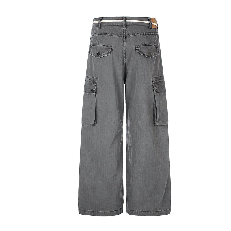 Wide-Legged Cargo Pants – Charcoal Grey Multi-Pocket Straight Leg