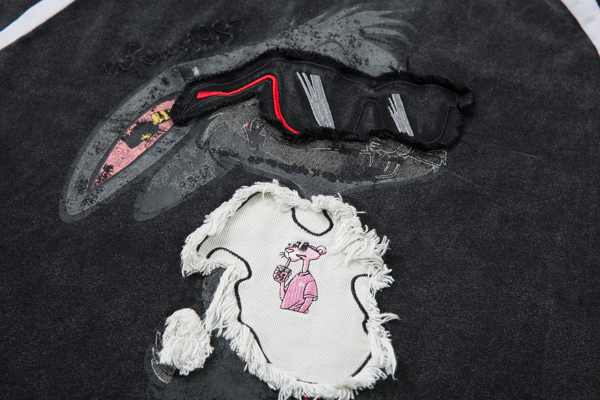 T-shirt graphique à manches longues – Imprimé écusson lapin streetwear, rayures et manches raglan