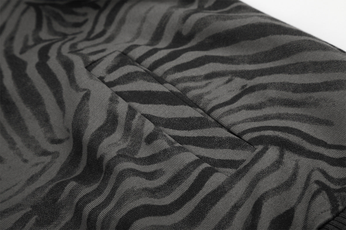 Zebra Print Zip-Up Hoodie Jacket with Pyramid Studs — Grey