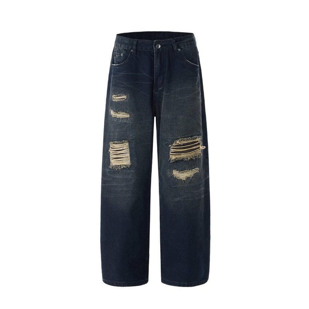 Men's Dark Wash Ripped Wide-Leg Jeans – Distressed Streetwear Denim