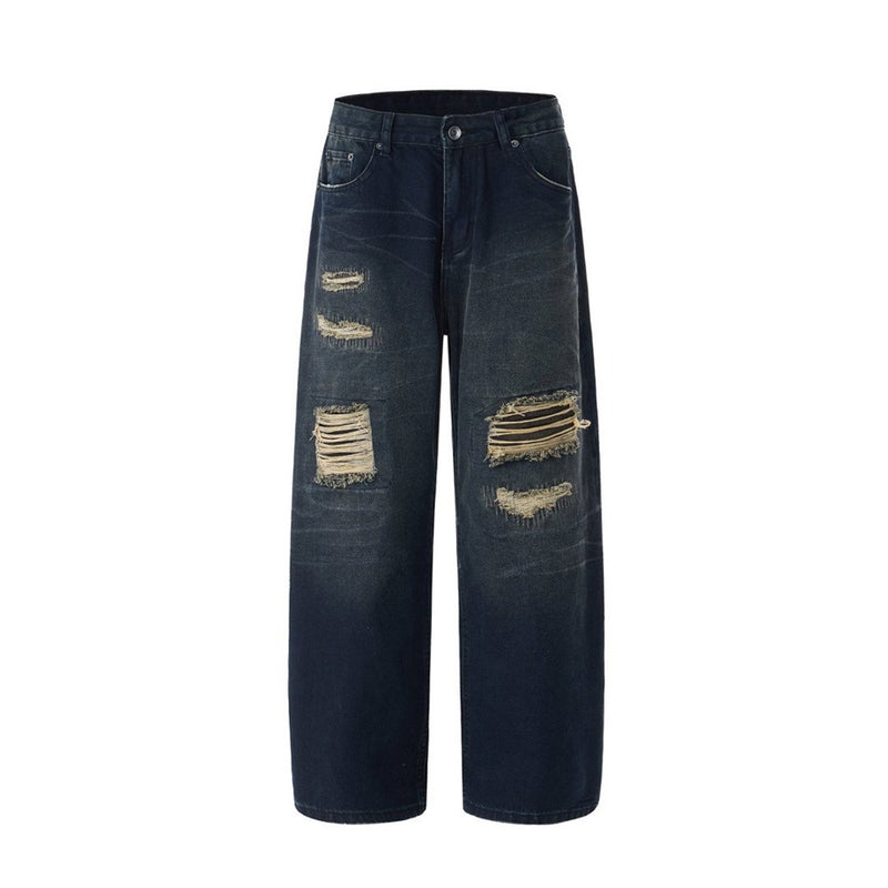 Men's Dark Wash Ripped Wide-Leg Jeans – Distressed Streetwear Denim