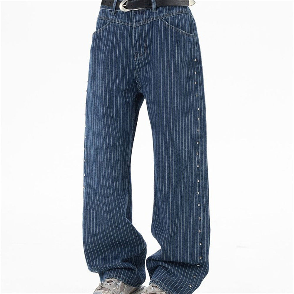 Men's Blue and White Striped Pants Wide-Leg Jeans with Rivet Side Detail