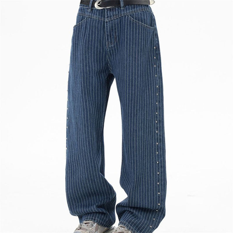 Men's Blue and White Striped Pants Wide-Leg Jeans with Rivet Side Detail