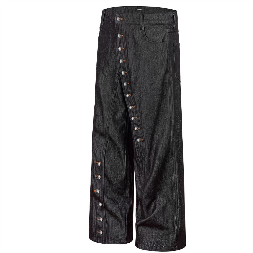 Men's Black Baggy Wide-Leg Jeans with Diagonal Button Fly
