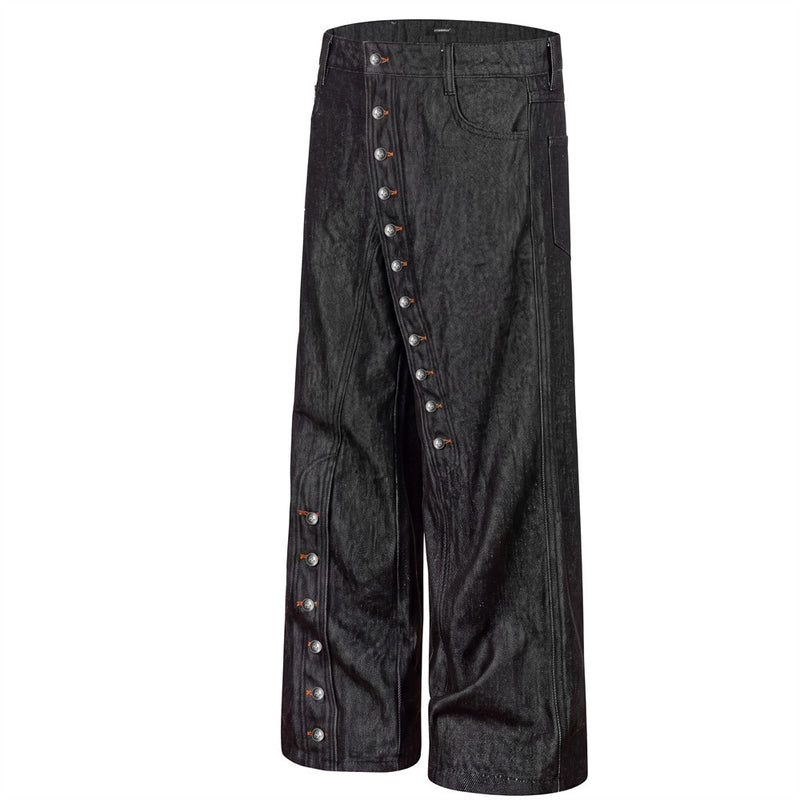 Men's Black Baggy Wide-Leg Jeans with Diagonal Button Fly