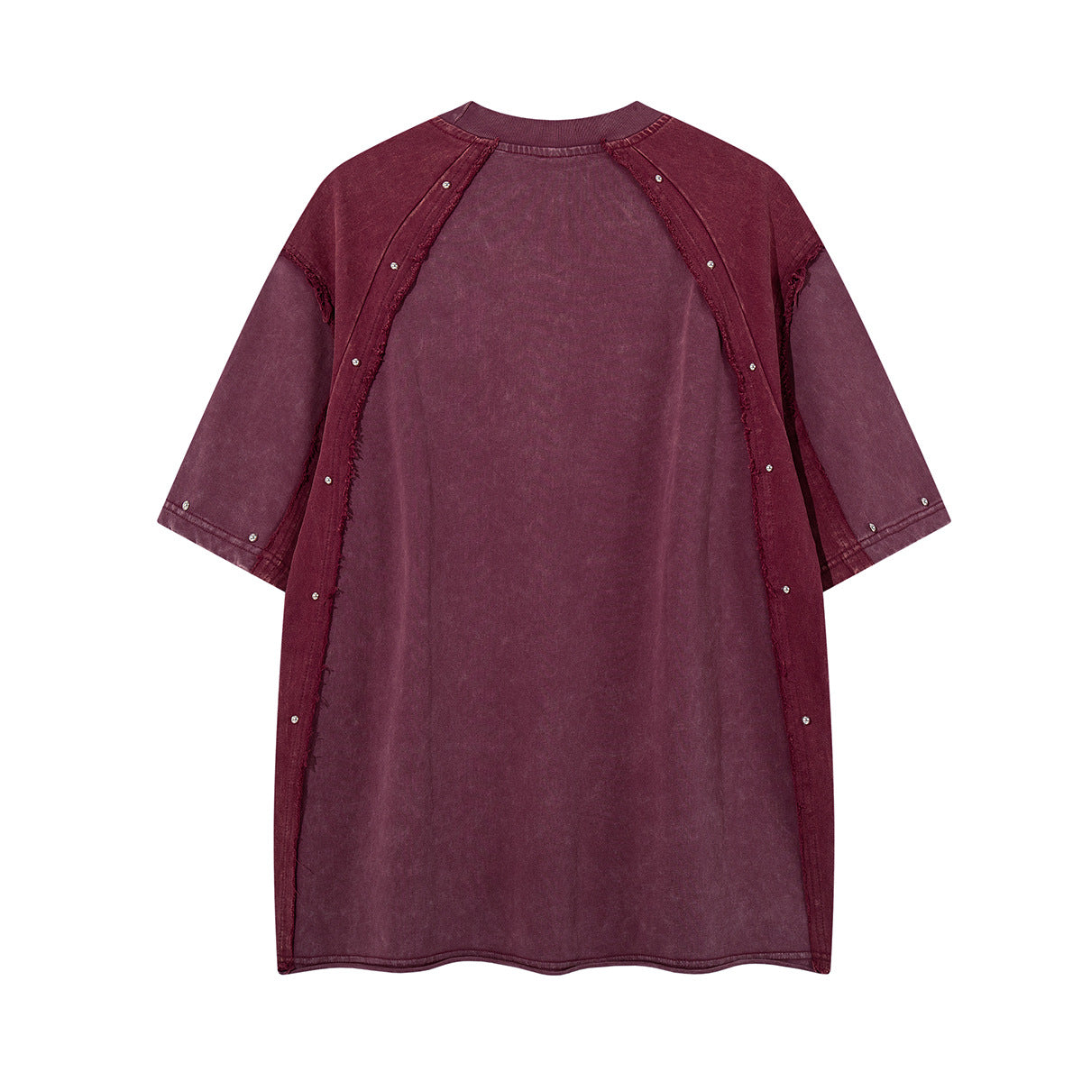 T-shirt patchwork raglan délavé à l’acide, coutures à bords bruts et détails rivetés