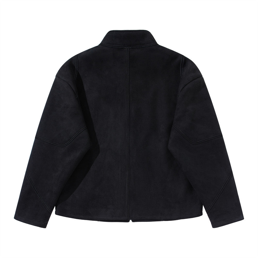 Men's Black Suede-Texture Zip-Up Moto Jacket – Structured Paneling, Stand Collar