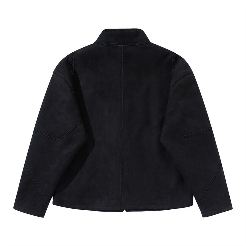 Men's Black Suede-Texture Zip-Up Moto Jacket – Structured Paneling, Stand Collar