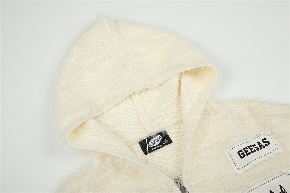 Fuzzy Knit Zip-Up Hoodie with Animal Patches – Streetwear Cardigan