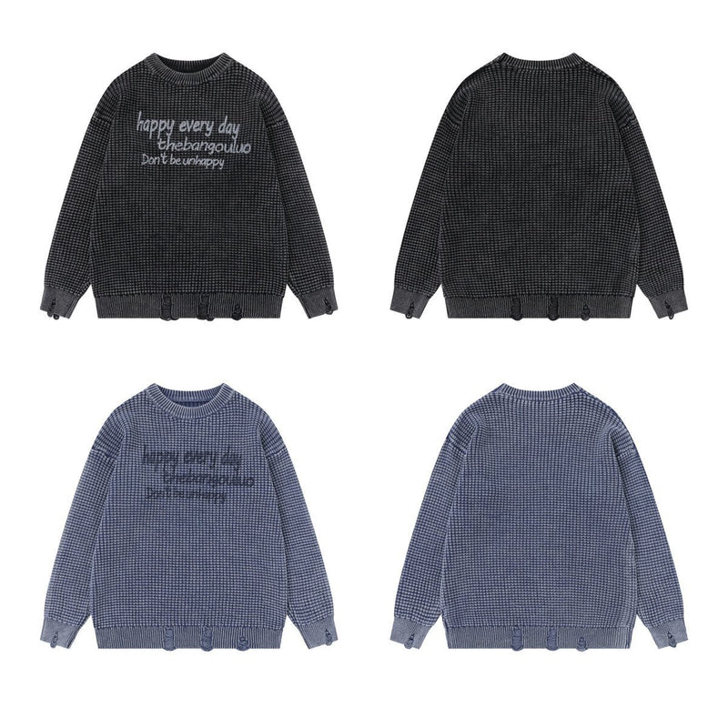 Men's Washed Distressed Waffle Knit Sweater with Graphic Lettering