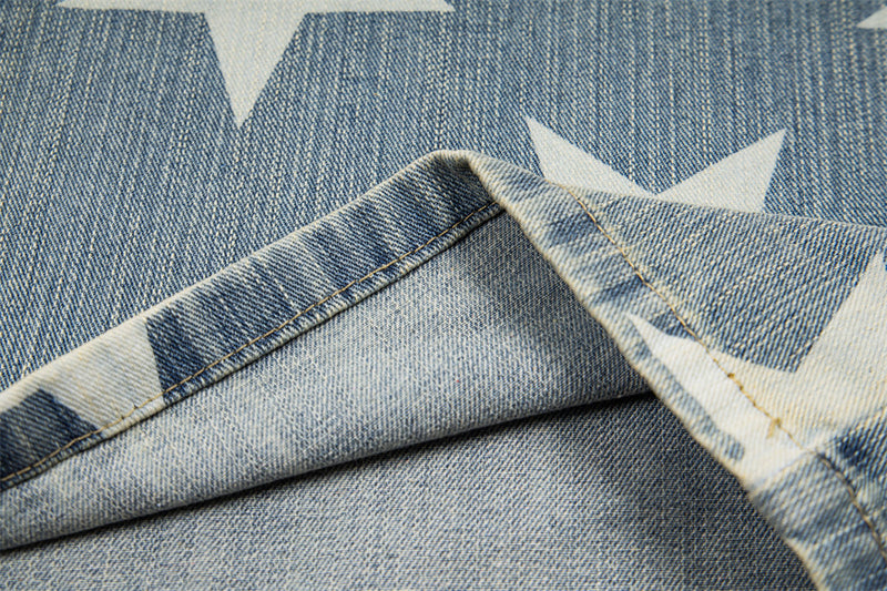 All-Over Star Print Wide Leg Jeans – Vintage Wash Retro Streetwear Denim