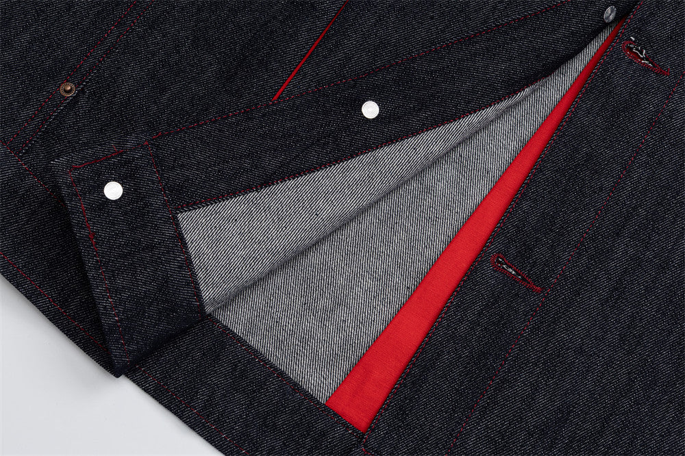 Men's Dark Indigo Denim Jacket with Red Contrast Seam Detail