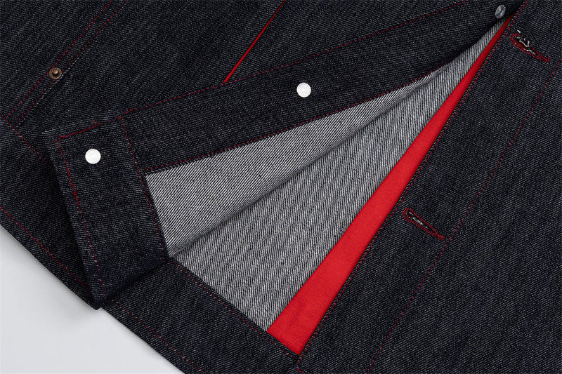 Men's Dark Indigo Denim Jacket with Red Contrast Seam Detail
