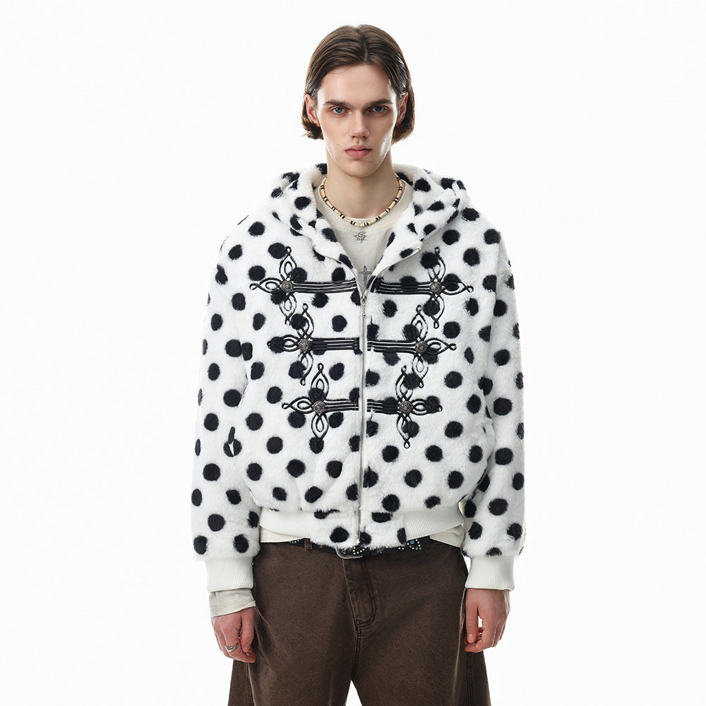 Polka Dot Faux Mink Hooded Zip Jacket – Oversized Streetwear Coat with Ornate